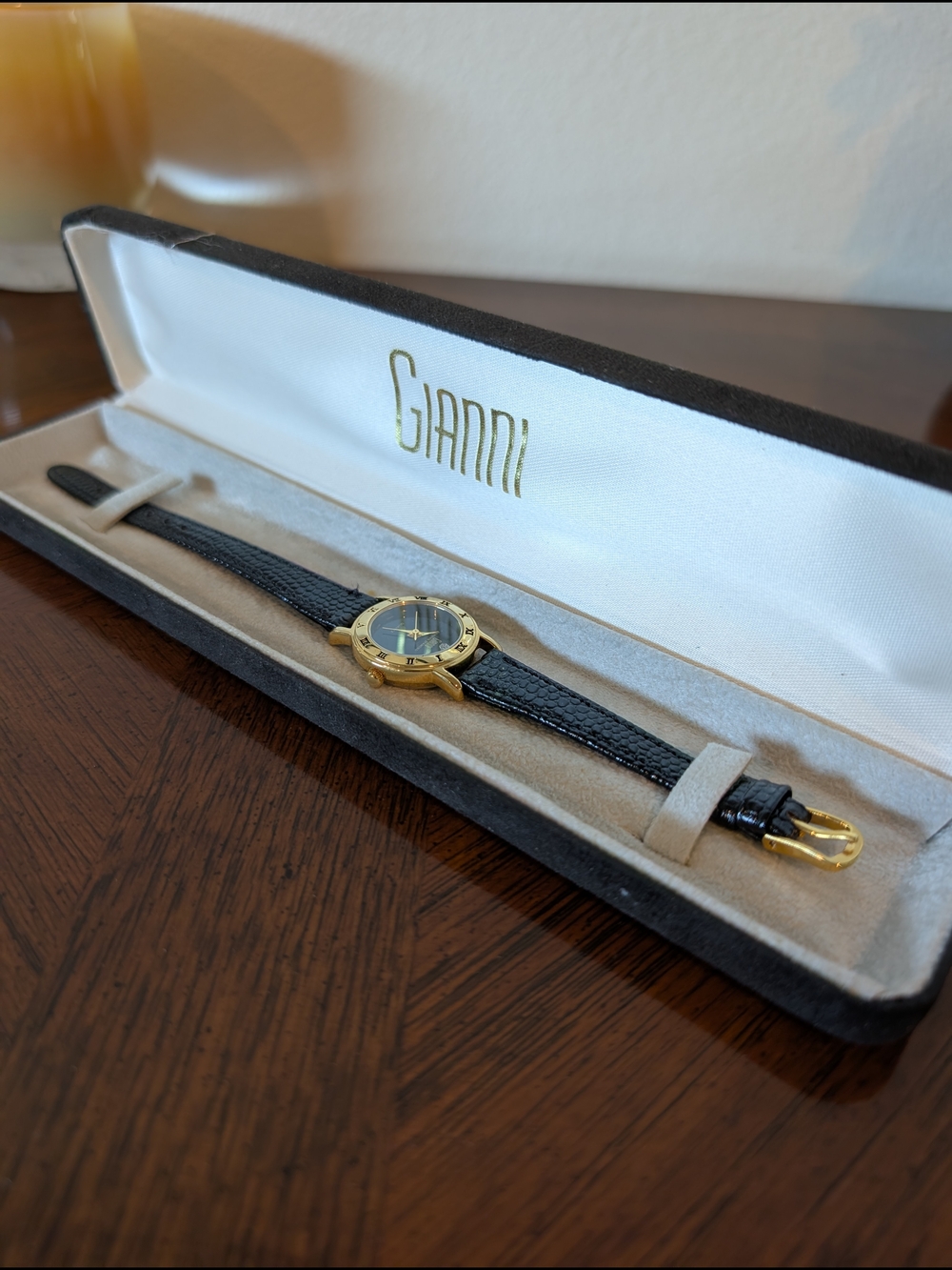 Gianni Gold-Tone Watch with Black Leather Strap Vintage